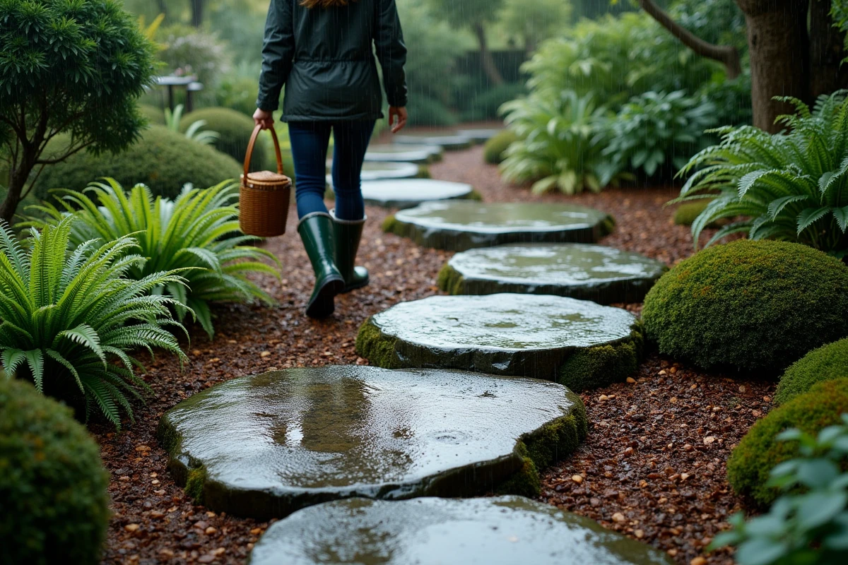 Allée en pas japonais en pierres naturelles plates posées dans un jardin humide, femme en bottes marchant sur les dalles après la pluie