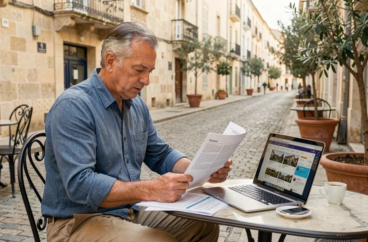 Homme analysant les tendances du marché immobilier local à Pézenas en terrasse