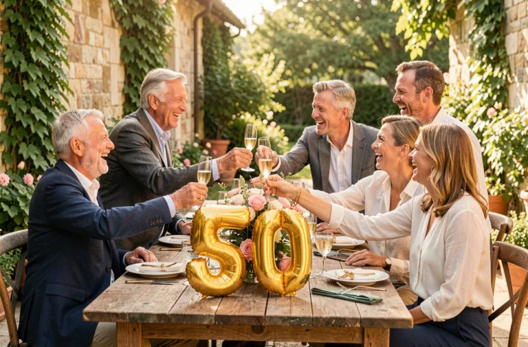 Groupe d'amis fêtant les 50 ans autour d'une table décorée avec ballons dorés et coupes de champagne dans un jardin