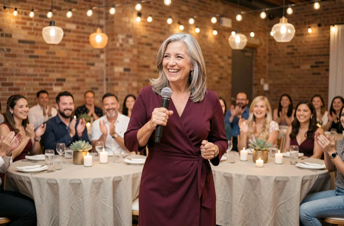 Femme de 50 ans au micro lors d'une animation festive en salle avec invités applaudissant autour de tables décorées