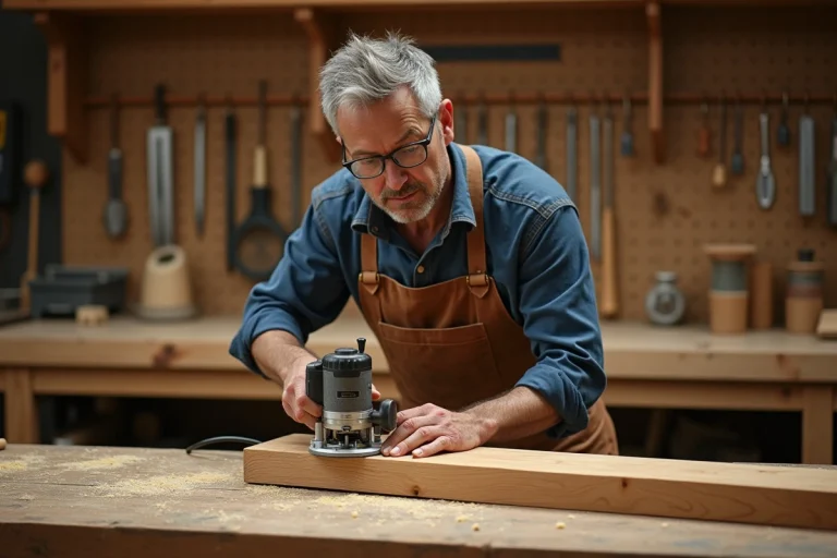 Artisan utilisant une affleureuse pour chanfreiner le bord d'une planche en chêne dans un atelier de menuiserie