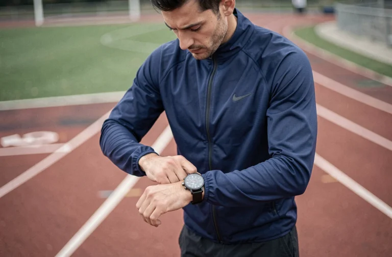 Athlète masculin analysant son chronomètre sportif sur une piste d'athlétisme extérieure lors d'un entraînement
