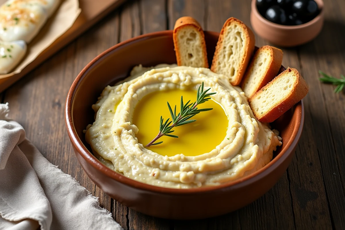 Bol de brandade de morue maison garnie d'huile d'olive et de thym frais sur une table en chêne rustique