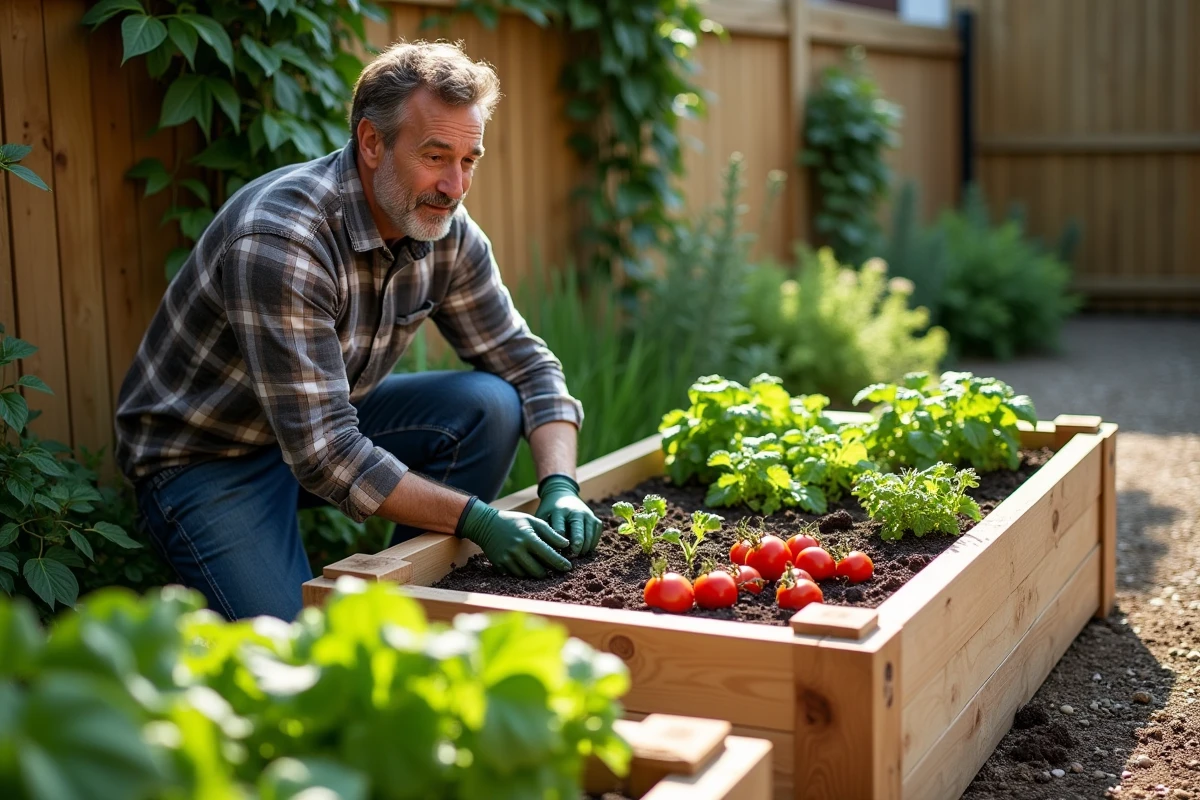 Carré potager surélevé en bois de cèdre rempli de légumes variés dans un jardin ensoleillé, homme en train de récolter des tomates