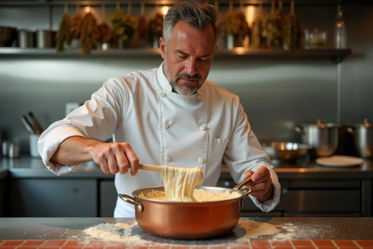 Chef Michel Sarran préparant une brandade de morue traditionnelle dans une casserole en cuivre dans sa cuisine de restaurant