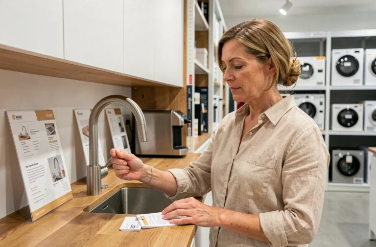 Femme choisissant un équipement de cuisine dans un showroom moderne, comparant des robinets en inox