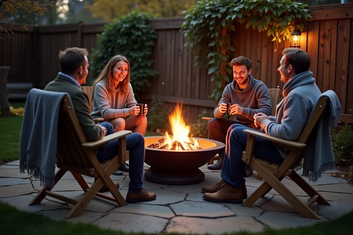 Coin feu extérieur avec brasero en fonte sur terrasse en pierre naturelle, amis rassemblés autour du feu avec couvertures et boissons chaudes en automne