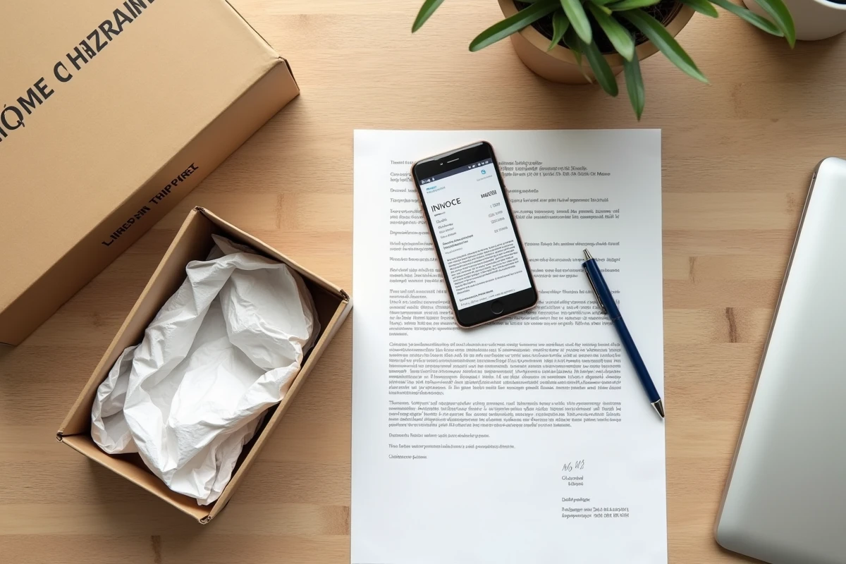 Vue aérienne d'un bureau avec une boîte de colis ouverte, une facture d'expédition internationale et un smartphone affichant un suivi de livraison