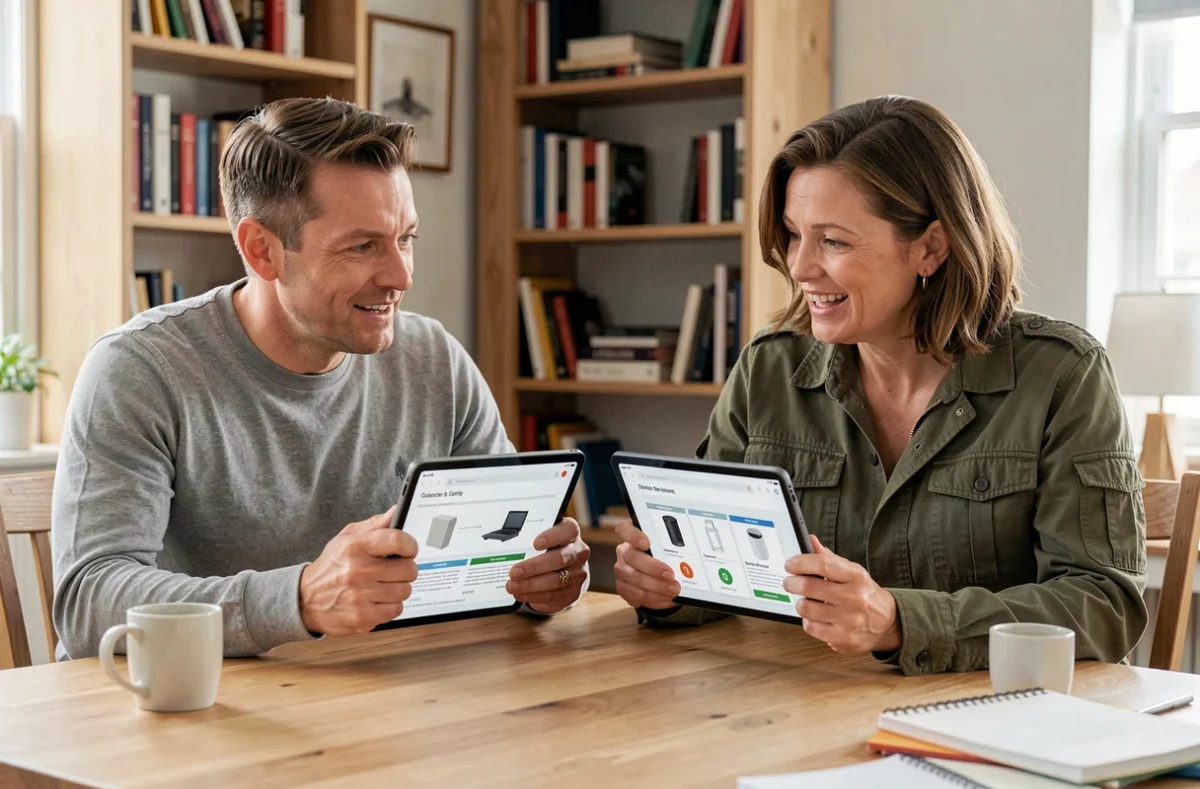 Couple comparant des équipements pour la maison sur tablette avant un achat, guide d'achat pratique