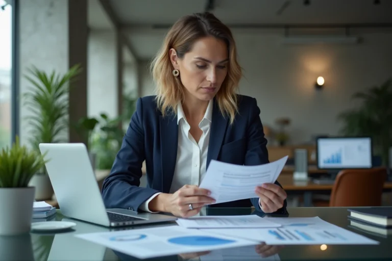 Femme d'affaires consultant une stratégie professionnelle dans un bureau moderne, illustrant les services de conseil aux entreprises de Maestro Business