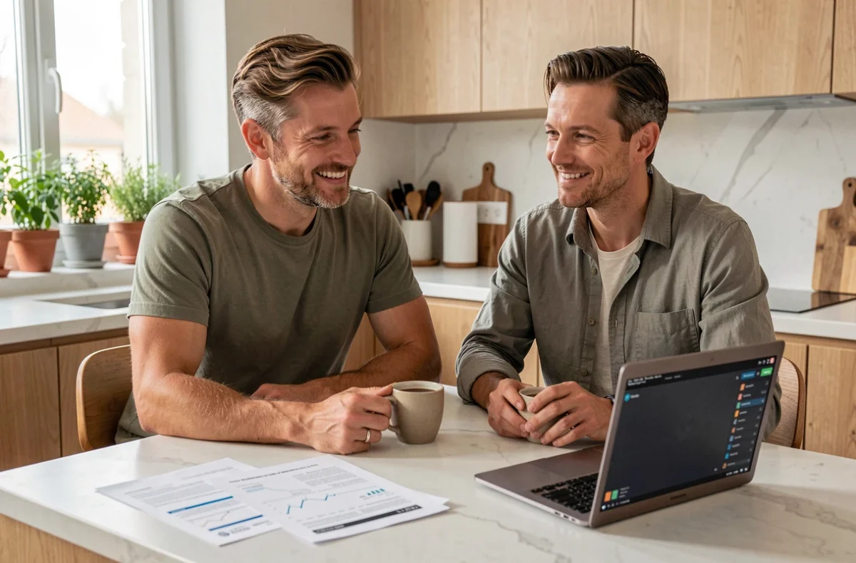 Couple examinant leurs investissements financiers et leur patrimoine sur un ordinateur portable à la maison dans une cuisine moderne