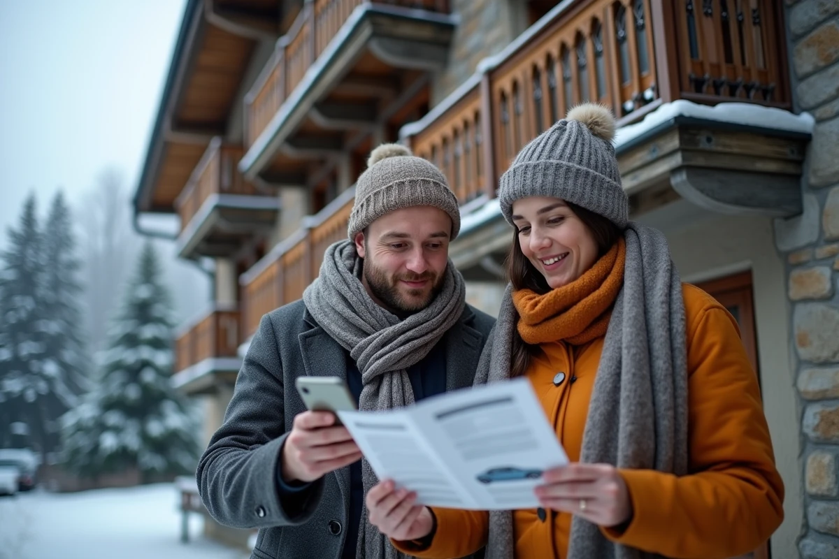 Couple cherchant un appartement à louer devant un chalet savoyard à Saint-Gervais-les-Bains