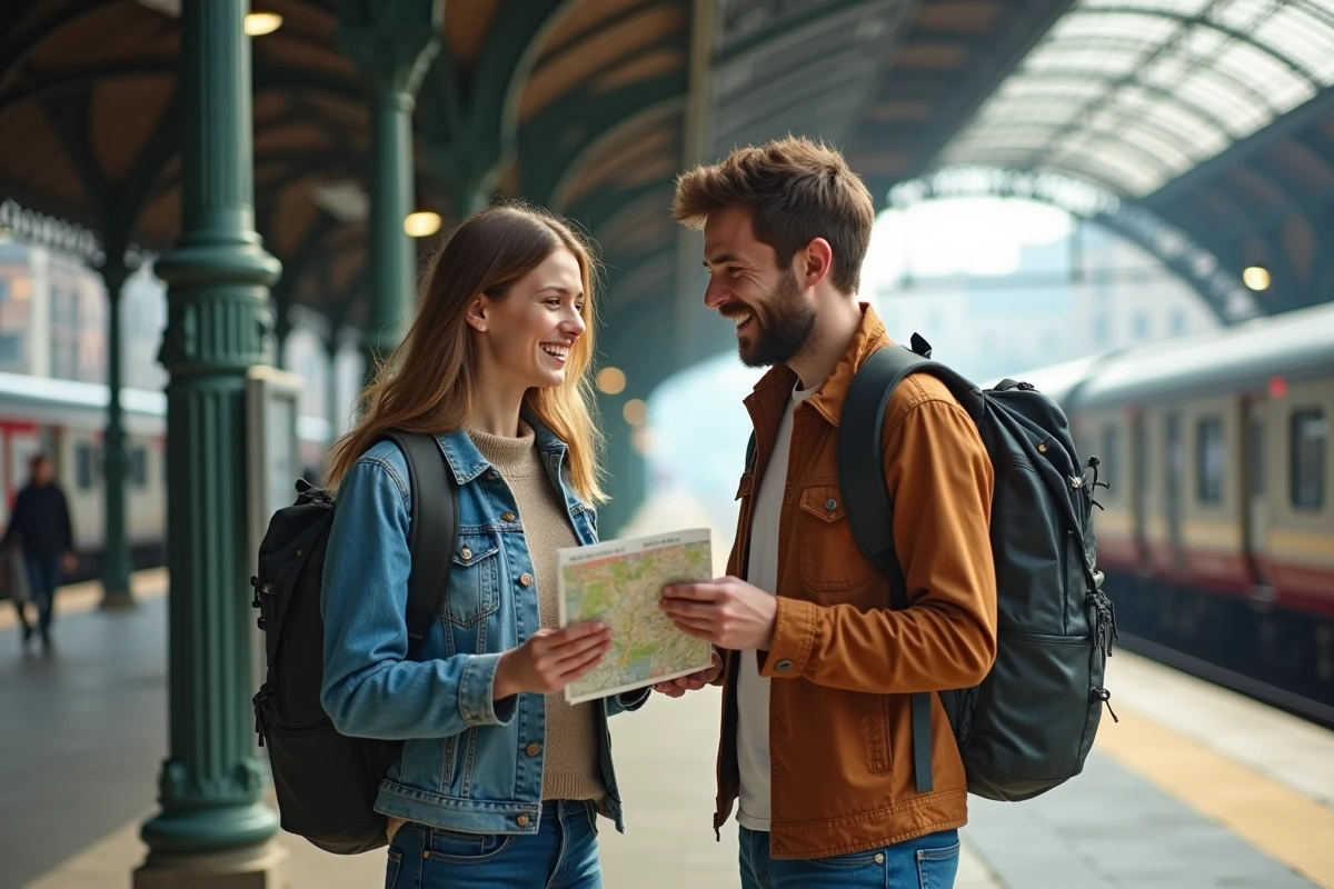 Couple avec sacs à dos consultant leurs billets de train sur le quai de la gare de Nantes