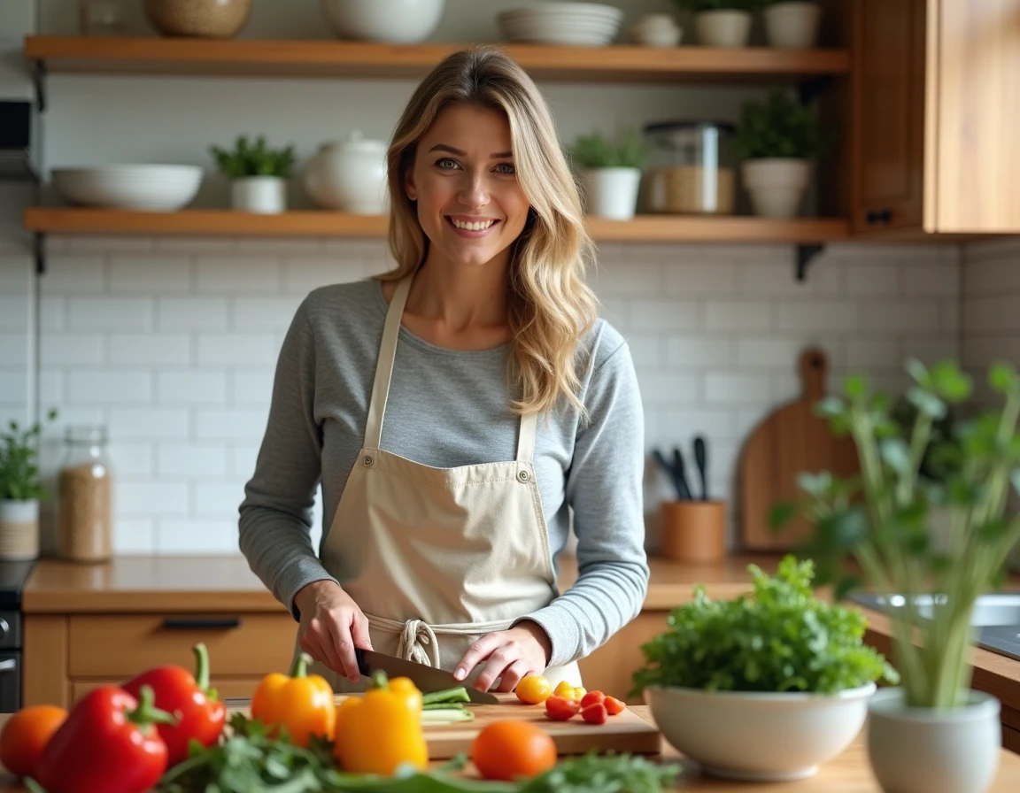 Femme préparant un repas sain et coloré dans une cuisine chaleureuse en bois naturel, symbole d'une alimentation équilibrée et du bien-être au quotidien