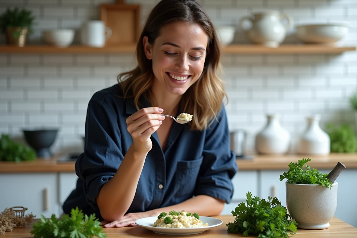 Journaliste culinaire goûtant une brandade de morue artisanale dans une cuisine familiale lumineuse