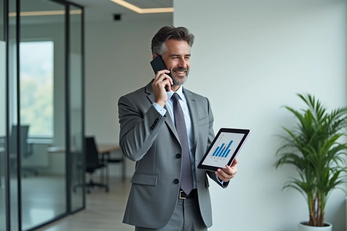 Dirigeant d'entreprise consultant des données de croissance sur une tablette dans un bureau épuré, symbolisant l'expertise en développement professionnel proposée par Maestro Business