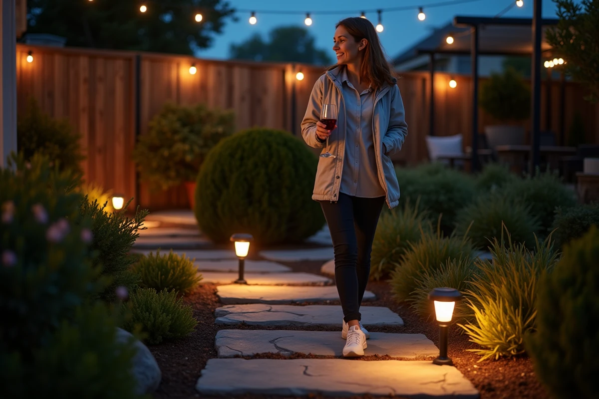 Jardin résidentiel en soirée illuminé par des balises solaires LED le long d'une allée en pierre, femme se promenant avec un verre à la main