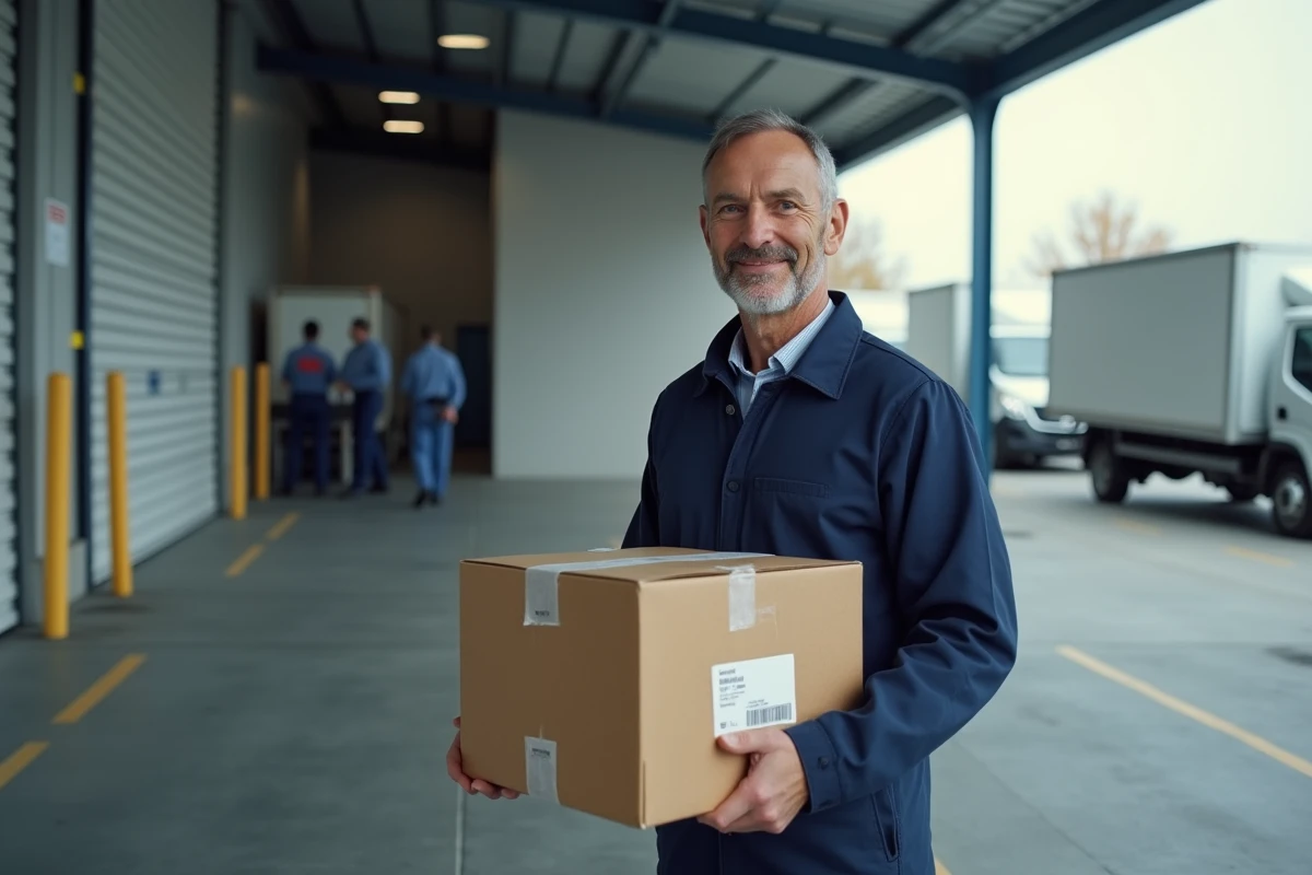 Employé de livraison portant un colis devant un entrepôt logistique avec des camionnettes de transport en arrière-plan