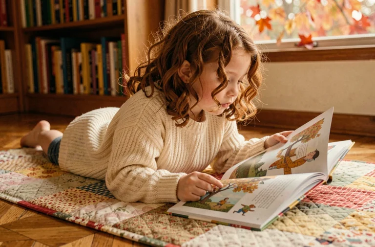 Jeune fille lisant un livre illustré allongée sur un plaid coloré dans un salon chaleureux à l'atmosphère automnale