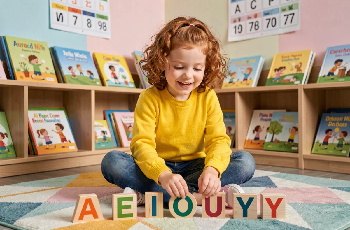 Jeune élève arrangeant des lettres en bois représentant les voyelles de l'alphabet français sur un tapis de classe