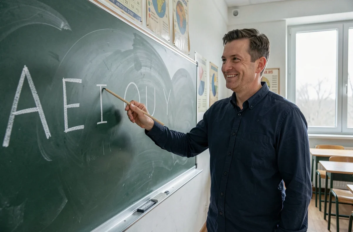Enseignant écrivant les six voyelles de l'alphabet français sur un tableau noir dans une salle de classe