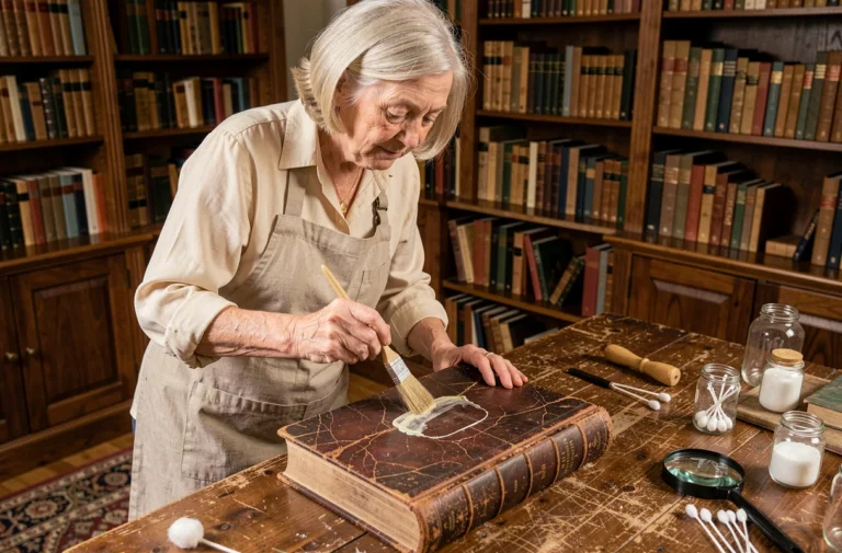 Femme âgée appliquant de la cire de conservation sur la tranche d'un livre ancien relié en cuir dans une bibliothèque privée en bois sombre