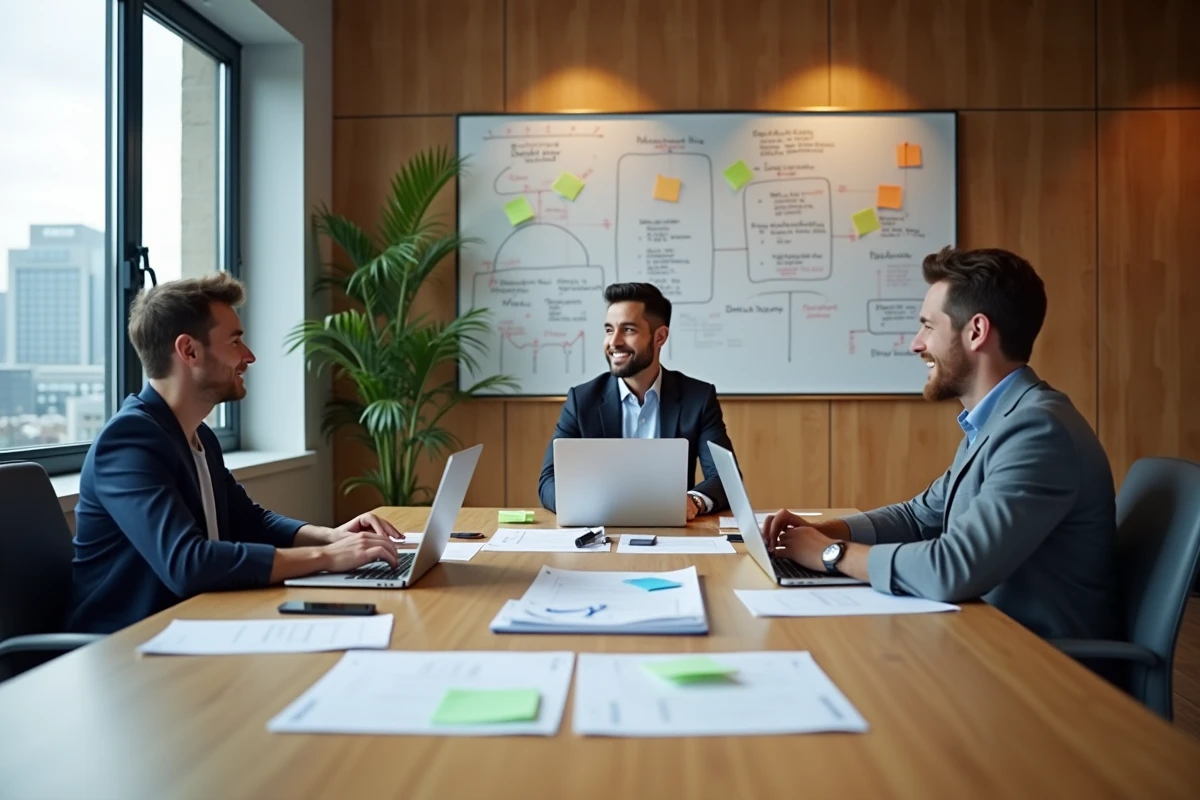 Équipe de professionnels collaborant autour d'une table de réunion dans un espace de coworking, représentant les solutions d'accompagnement business de Maestro Business