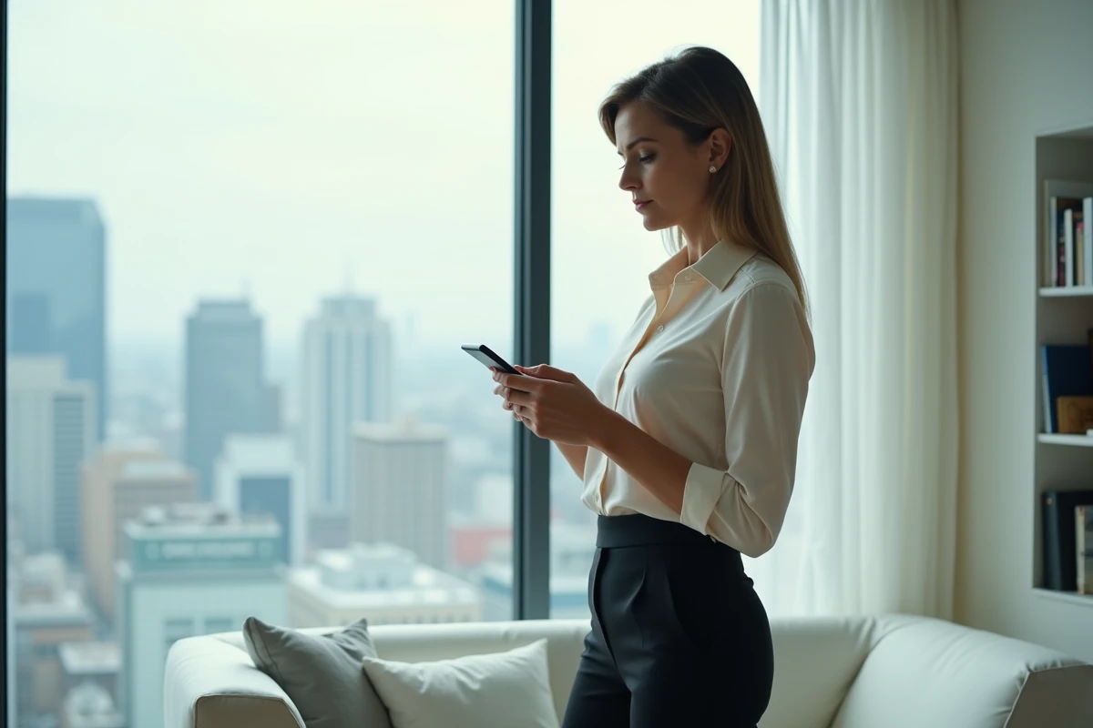 Femme professionnelle consultant une alerte d'offre d'emploi sur smartphone près d'une fenêtre en ville