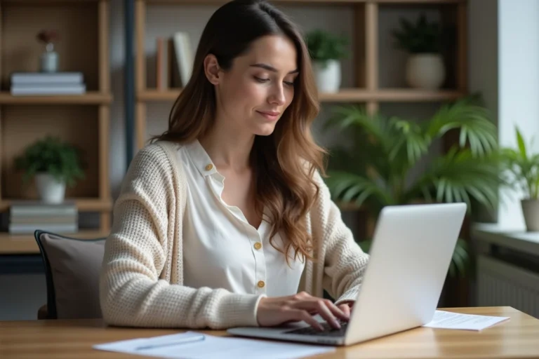 Jeune femme travaillant sur une facture digitale dans un bureau moderne