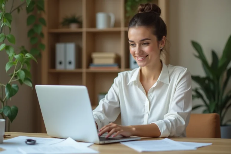Femme au bureau regardant ses fiches de paie sur un ordinateur