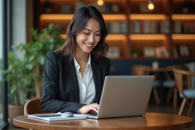 Femme souriante utilisant un ordinateur dans un café moderne