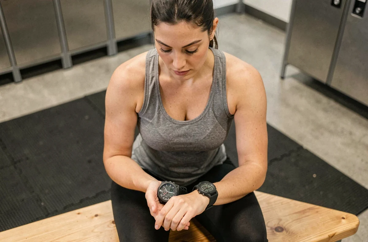 Femme sportive comparant deux chronomètres sportifs dans un vestiaire de gymnase moderne