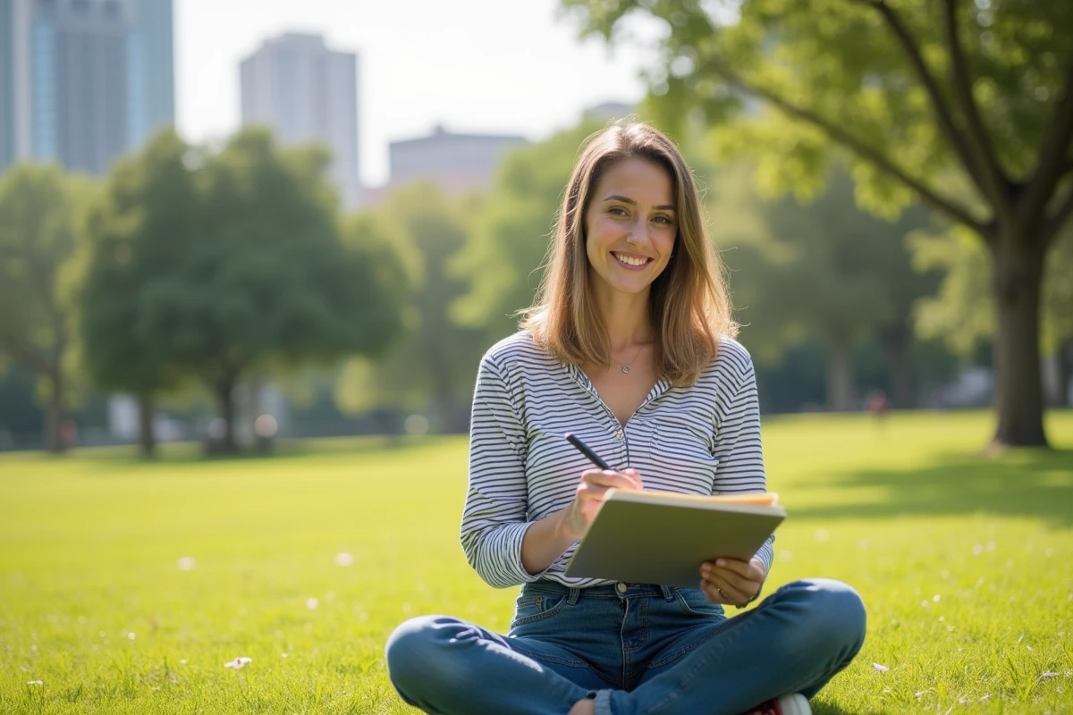 Femme souriante dessinant dans un parc ensoleille