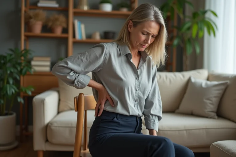 Femme d'âge moyen souffrant de douleurs sciatiques dans le bas du dos, assise sur une chaise en bois à domicile