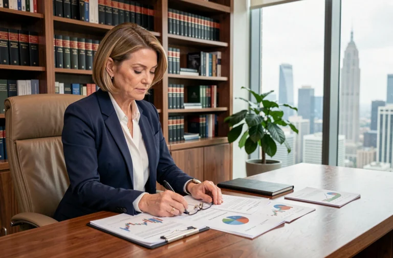 Femme professionnelle analysant des documents financiers dans un bureau élégant pour optimiser la gestion de son patrimoine