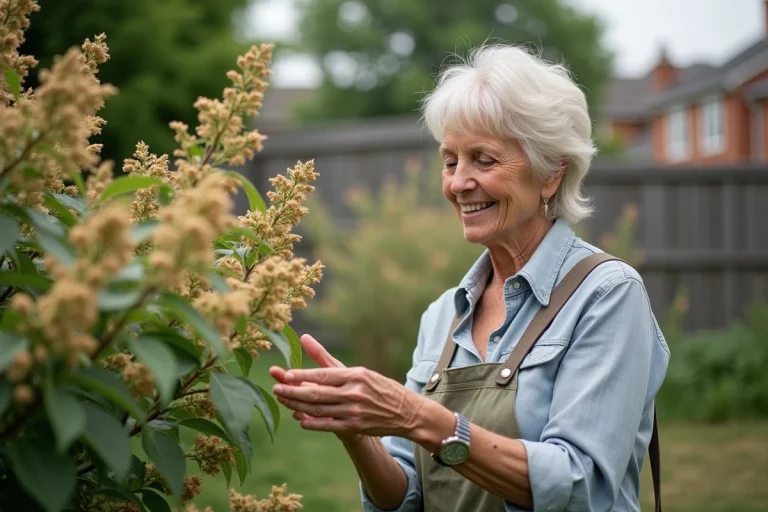 Femme d'âge moyen examine une buisson à fleurs dans son jardin