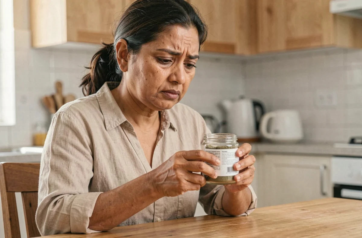 Femme lisant attentivement l'étiquette d'un supplément à base de haritaki, soulignant l'importance de connaître les effets secondaires avant consommation