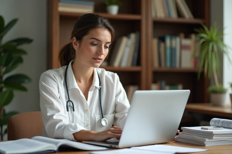 Femme lisant des revues de santé sur son bureau en bois dans un bureau à domicile moderne