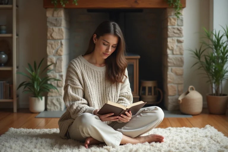 Femme lisant dans un salon moderne et chaleureux