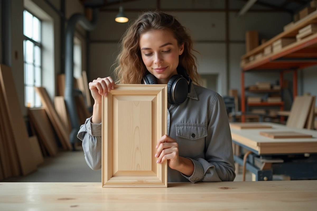 Femme menuisière inspectant un panneau de bois avec un chanfrein réalisé à l'affleureuse dans un atelier professionnel