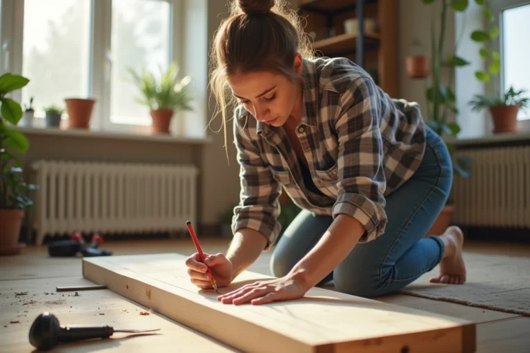 Femme mesurant une planche en bois dans un salon lumineux