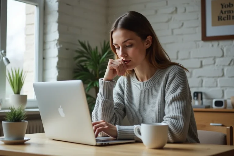 Femme cherchant des offres d'emploi en ligne sur un ordinateur portable dans un bureau à domicile