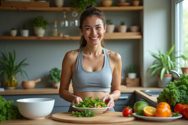 Femme préparant une salade colorée dans une cuisine moderne