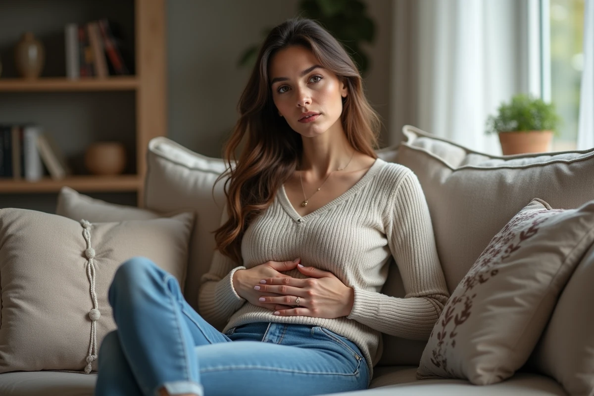 Femme assise sur un canapé en réflexion dans un salon