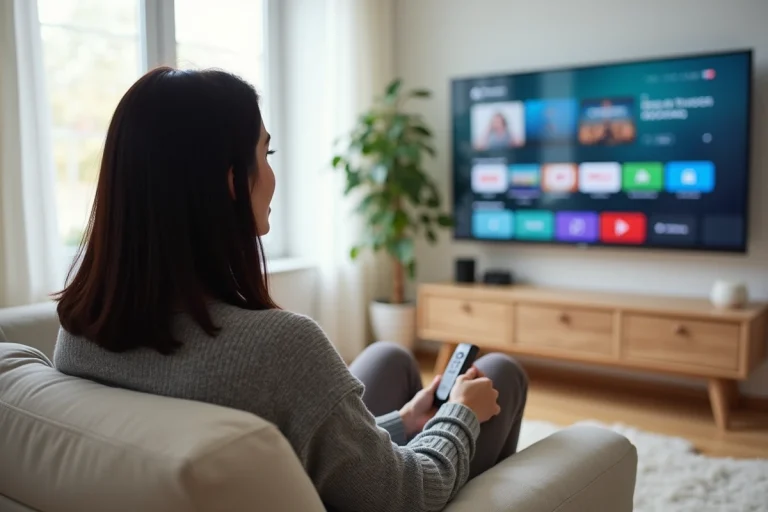 Femme regardant une Smart TV avec une application de streaming gratuite dans un salon moderne