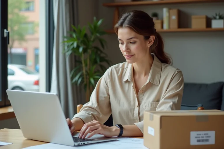 Femme consultant un ordinateur portable avec des documents de livraison et un colis international posé sur un bureau à domicile