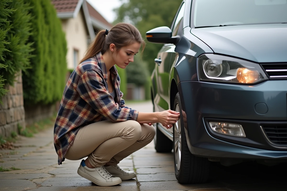 Jeune femme contrôle la pression de ses pneus dans la rue