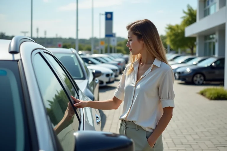 Femme devant une voiture en concession automobile