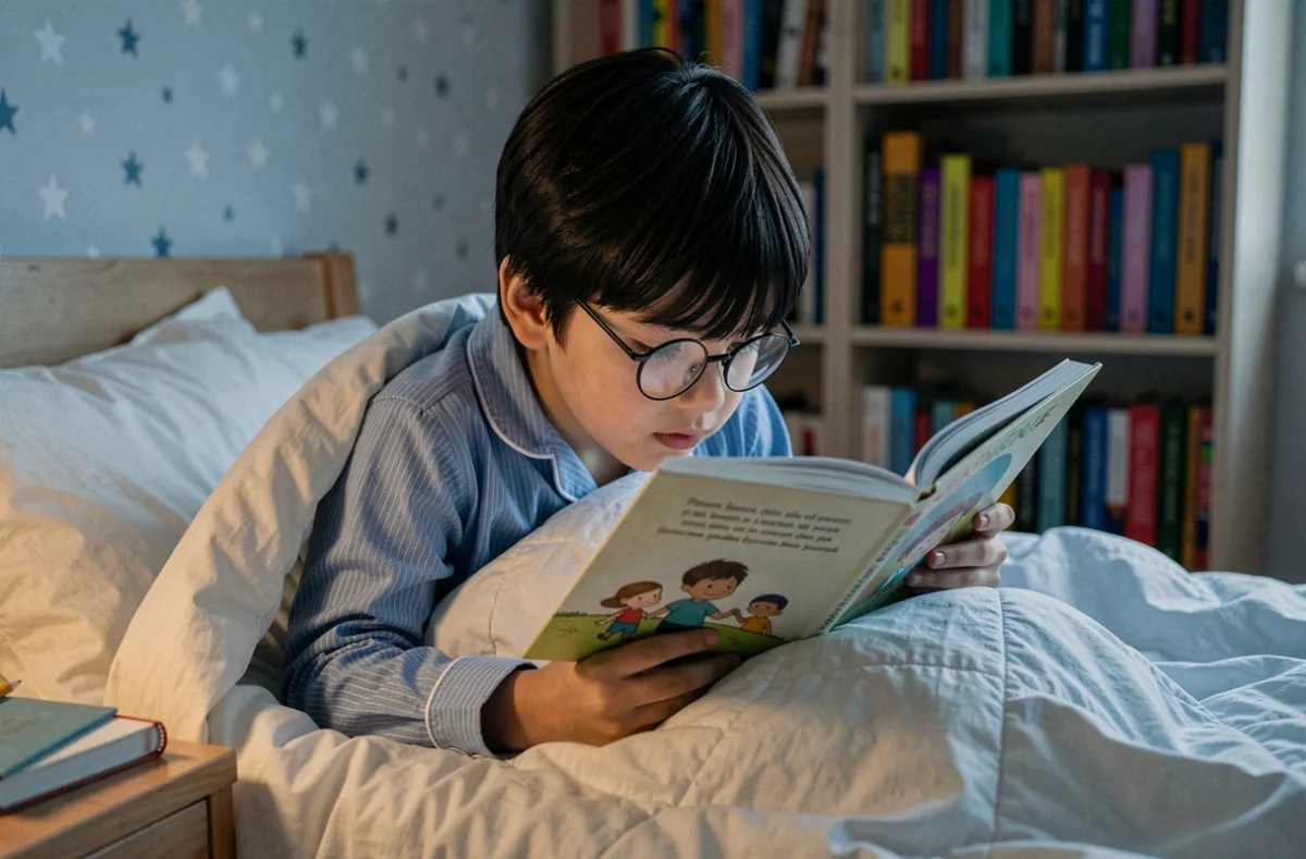 Jeune garçon en pyjama lisant un livre illustré dans son lit le soir dans une chambre décorée d'étoiles