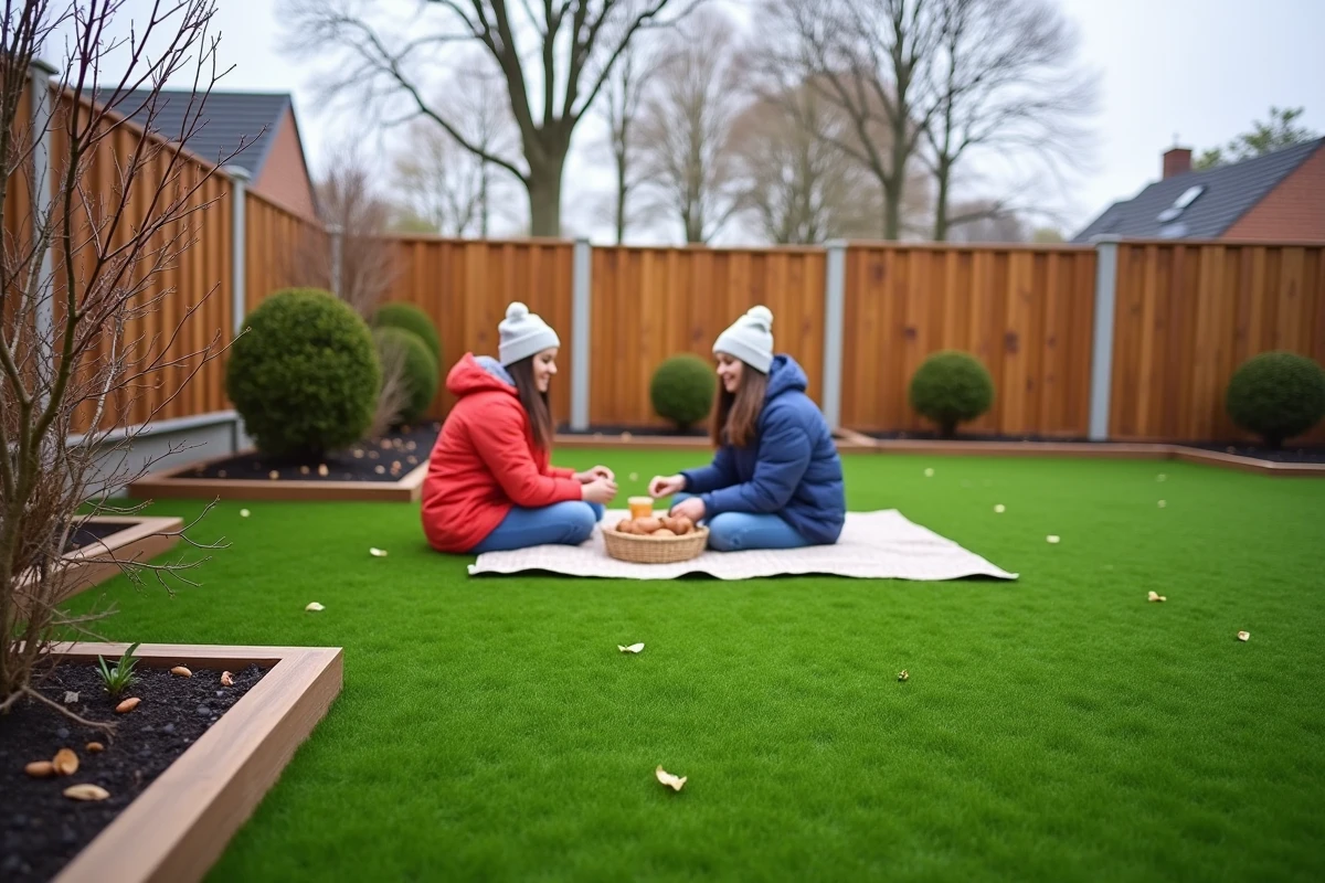 Gazon synthétique d'aspect naturel dans un jardin en hiver, deux personnes assises sur une couverture profitant de l'espace sans entretien